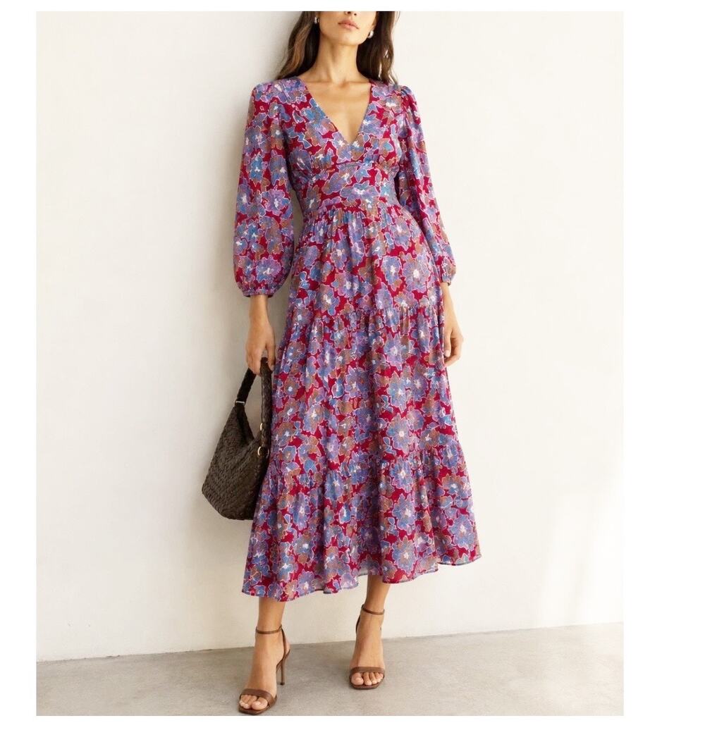 Caroline Constas Red Floral Long Sleeve V-Neck Tiered Boho Cottage Midi Dress S